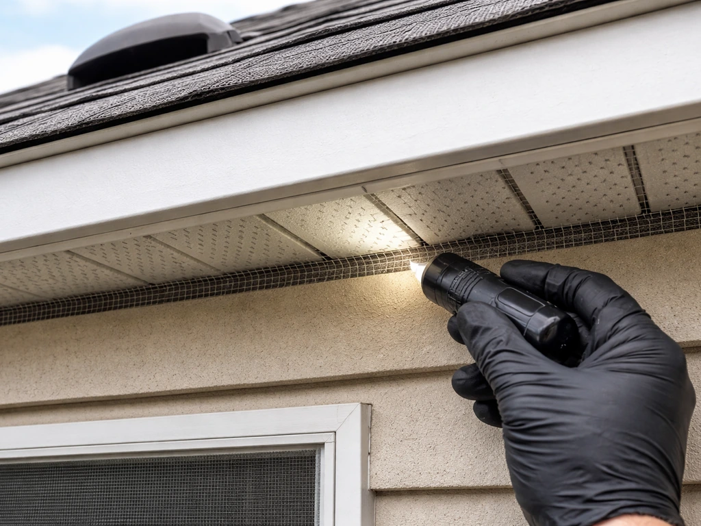 Gloved hand inspecting roof vent, soffit seams, and a bird screen on a building exterior.