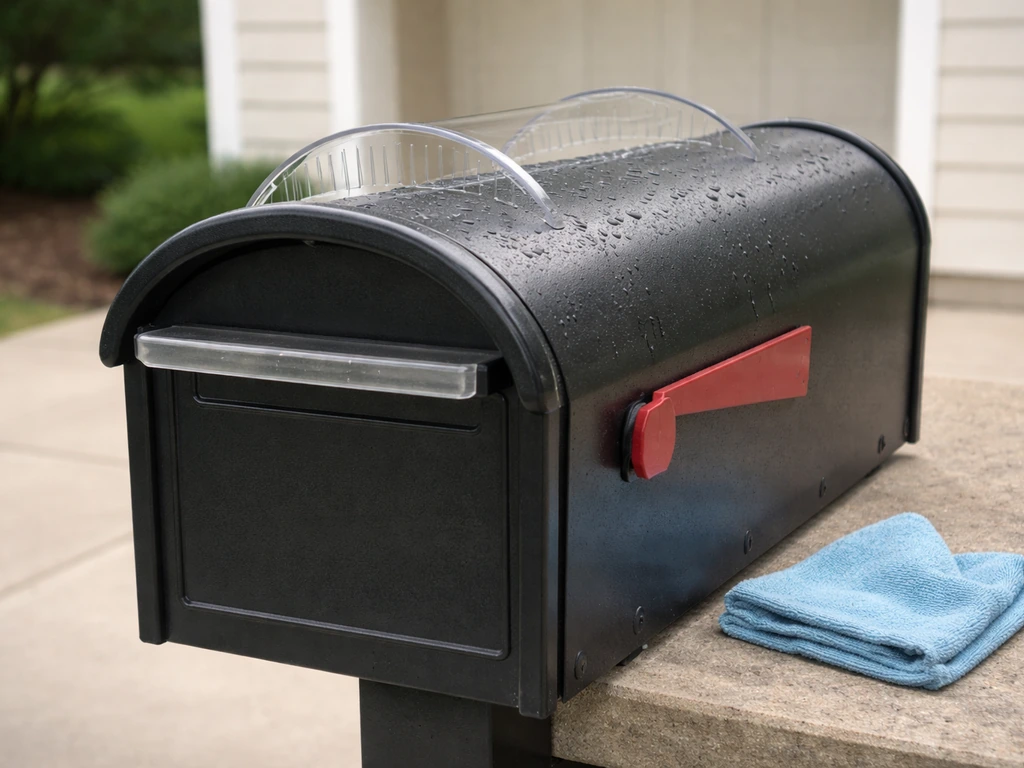 Clean residential mailbox with humane bird deterrent on the lid edge, showing safe prevention steps.