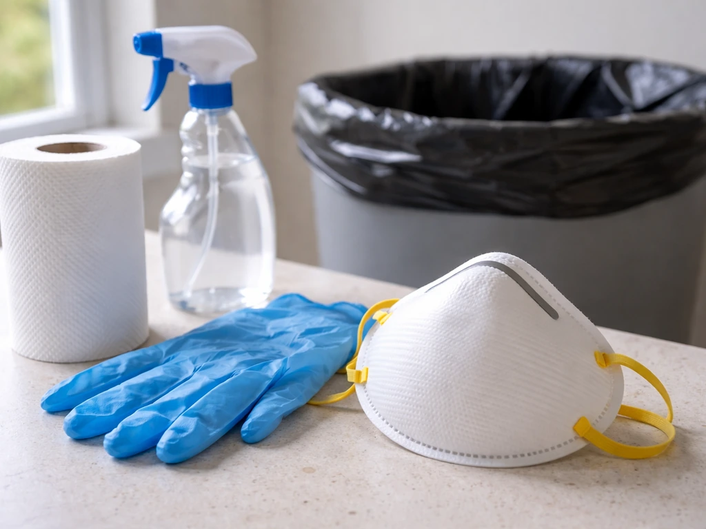 Close-up of N95 respirator and cleaning supplies on a small surface, showing safe bird-dropping cleanup PPE