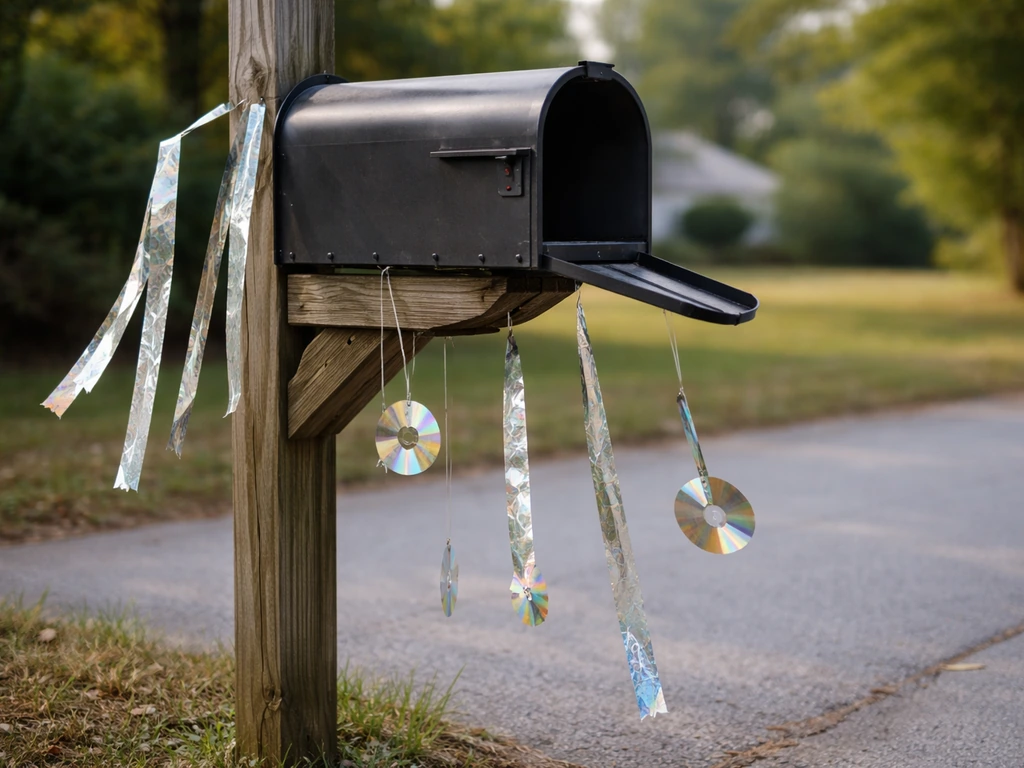 Reflective tape and old CD strips fluttering near a suburban mailbox in a light breeze.