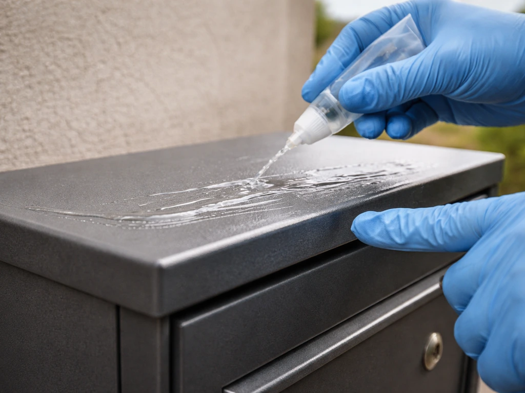 Gloved hands spreading a thin clear bird-repellent gel smear on a mailbox top.