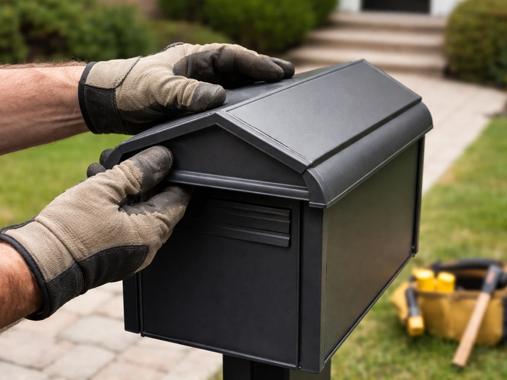 Gloved hands install an angled mailbox cap to prevent birds from landing comfortably.