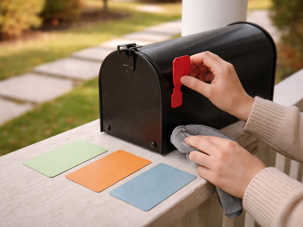 Hands inspecting a front mailbox with three unlabeled spring, fall, and winter color cards nearby.