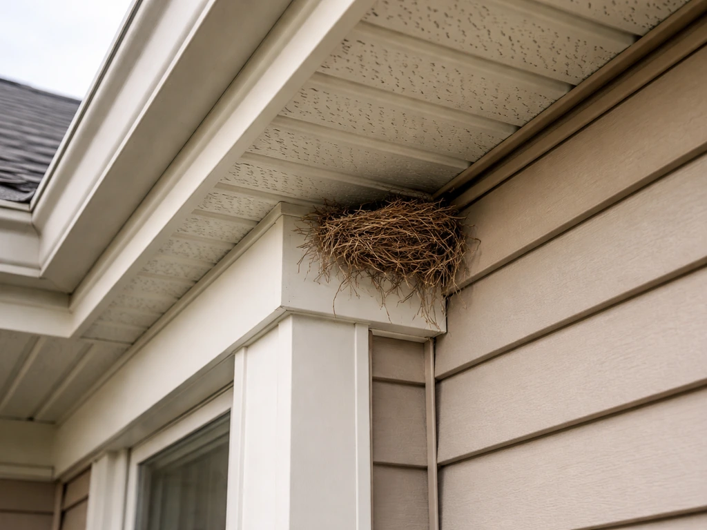 Exterior view of a house eave with a visible bird nest near the soffit trim.