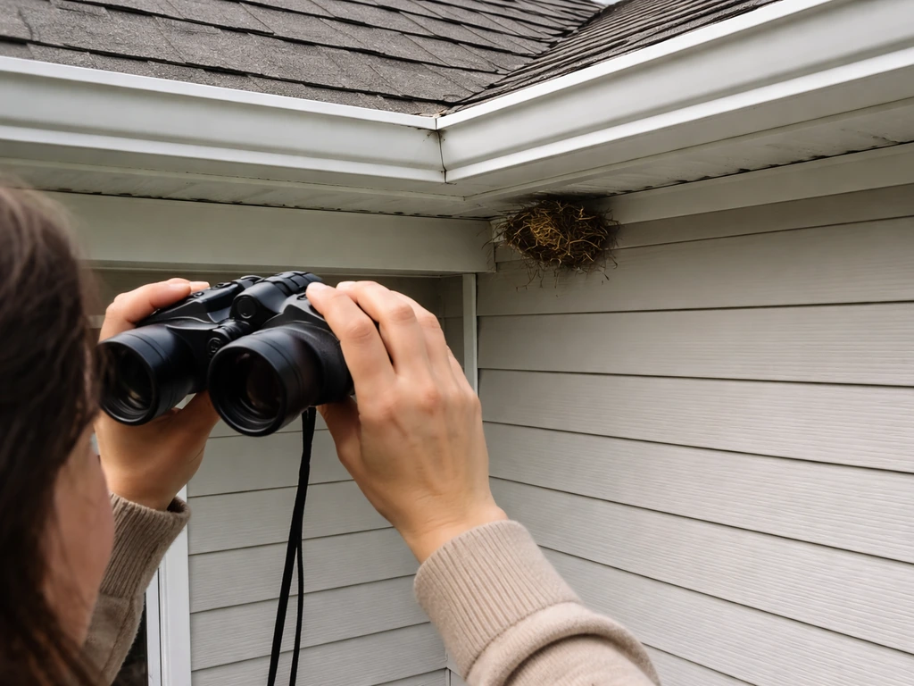 Binoculars used from a safe distance to inspect a small bird nest under a building eave.