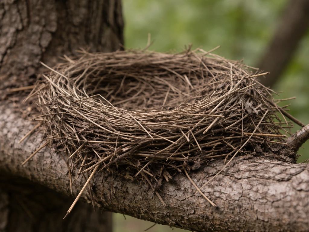 Weathered bird nest in a quiet tree branch, no fresh activity or droppings visible.