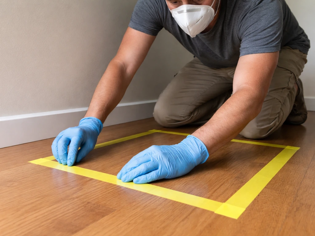 Homeowner in N95 respirator and gloves placing tape to mark a safe barrier area indoors.