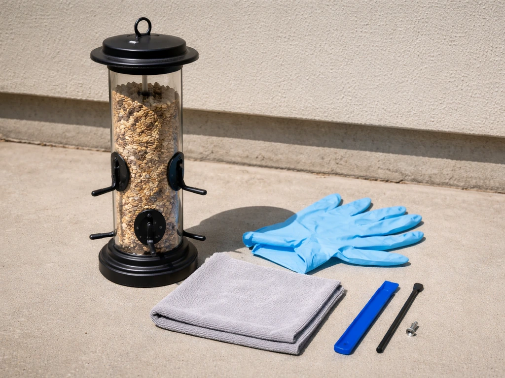 Gloved hands preparing clean removal supplies beside a bird feeder in bright natural light