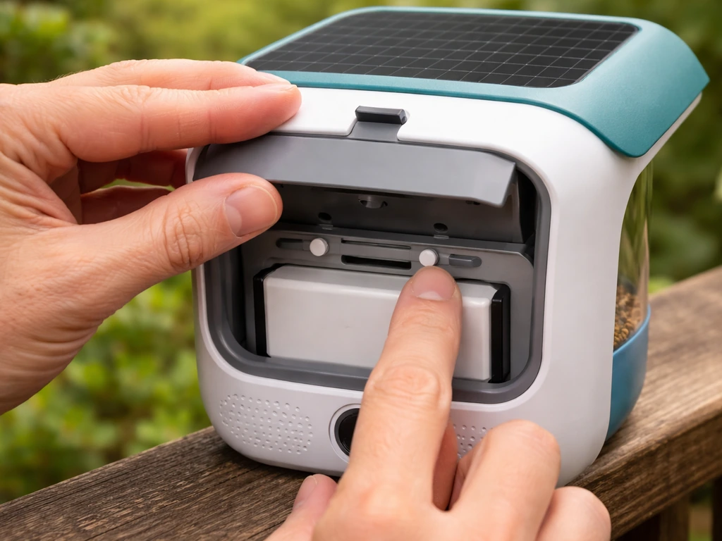Hands lifting the rear door and releasing snap points on a solar bird feeder near the roof edge