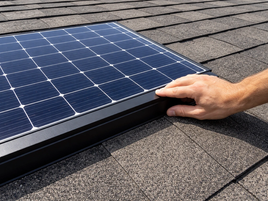 Hand clicks a solar roof panel back into place; aligned, flush seam and dry panel surface visible in sunlight.