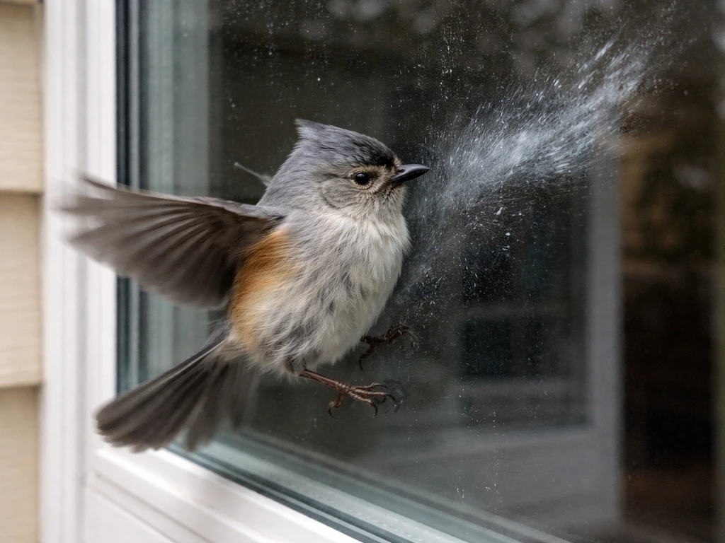 A small bird is caught mid-impact against a house window, with faint glass reflection suggesting the aftermath.