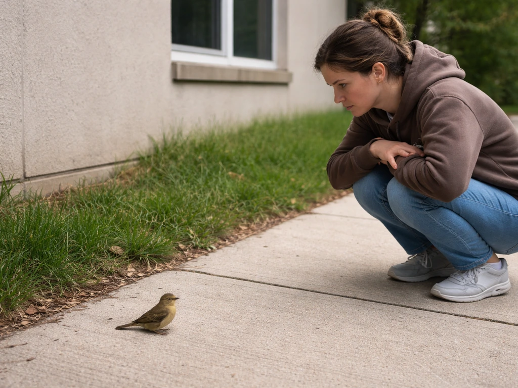 Bystander crouches at a distance watching a small bird on the sidewalk after a window strike.