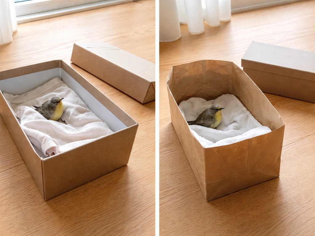 Stunned upright bird in a lidded shoebox vs a calmer paper-bag observation setup, both gently contained.