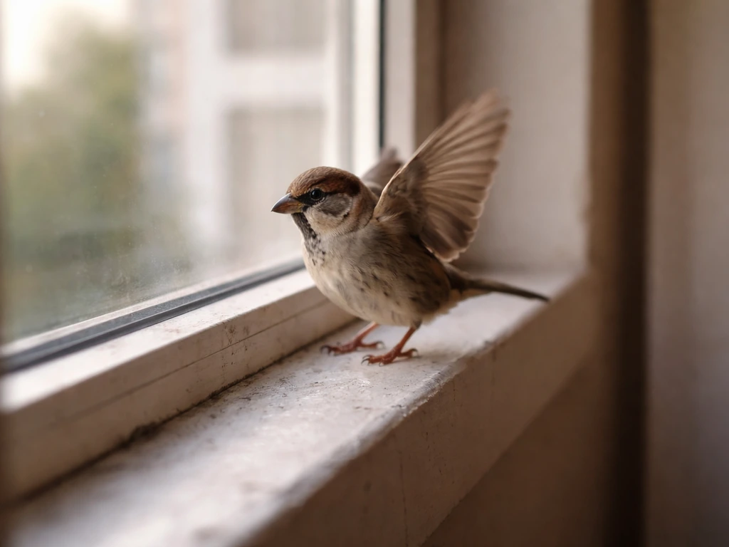 Small bird perched on a window ledge, regaining balance and taking off into daylight.