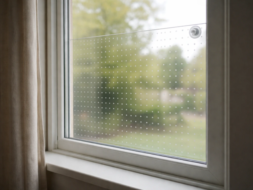 Close-up of a home window with bird-safe visual markers/film on the inside, soft daylight and minimal scene.