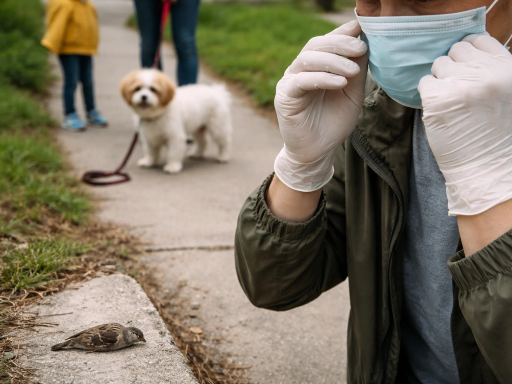 Person putting on disposable gloves and a face mask near a bird carcass while keeping pets away.