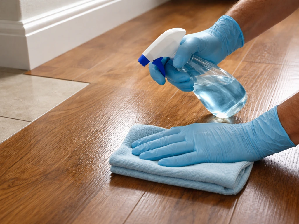 Gloved cleaner wiping and disinfecting a sealed hardwood and tile floor starting from a contact spot.