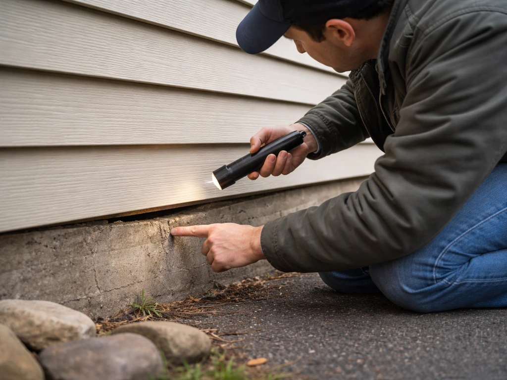 Person inspecting a home’s outdoor perimeter near a dark gap under the siding,准备 sealing entry route.