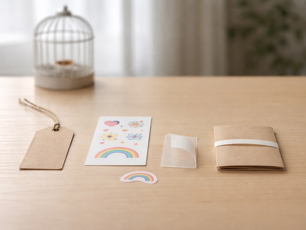 Tabletop laid with a paper tag, sticker, adhesive label, and ribbon wrap near a softly blurred empty birdcage