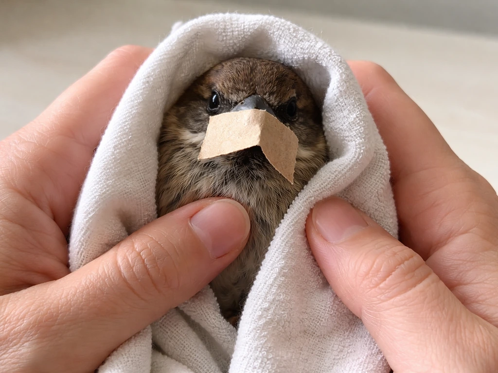 A person holds a small bird on a cloth while a piece of paper is stuck around its beak for safe removal