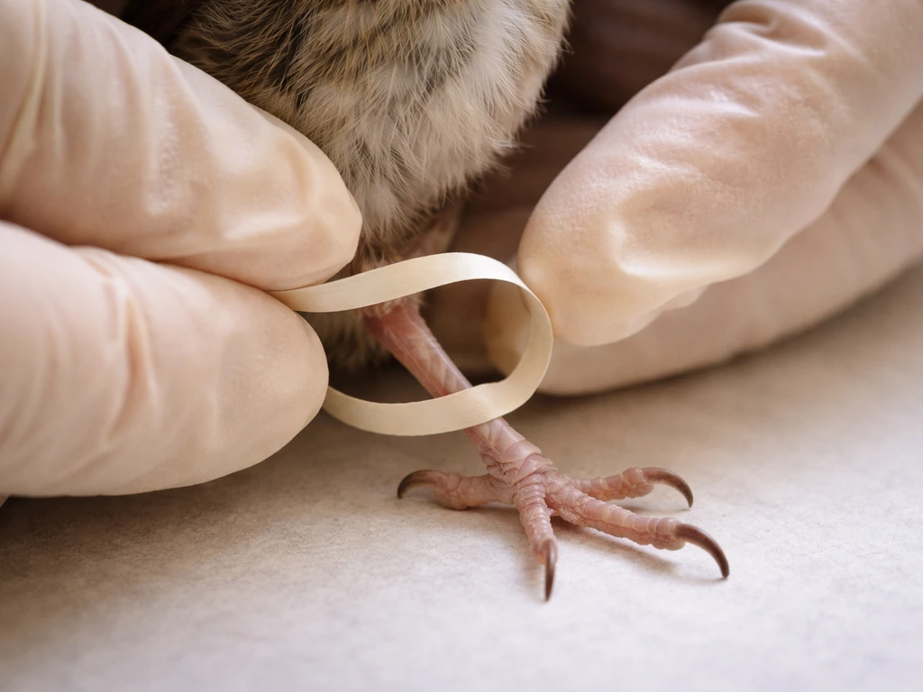 Gloved hands gently unwrapping a loose paper loop from a small bird’s leg to prevent tightening.