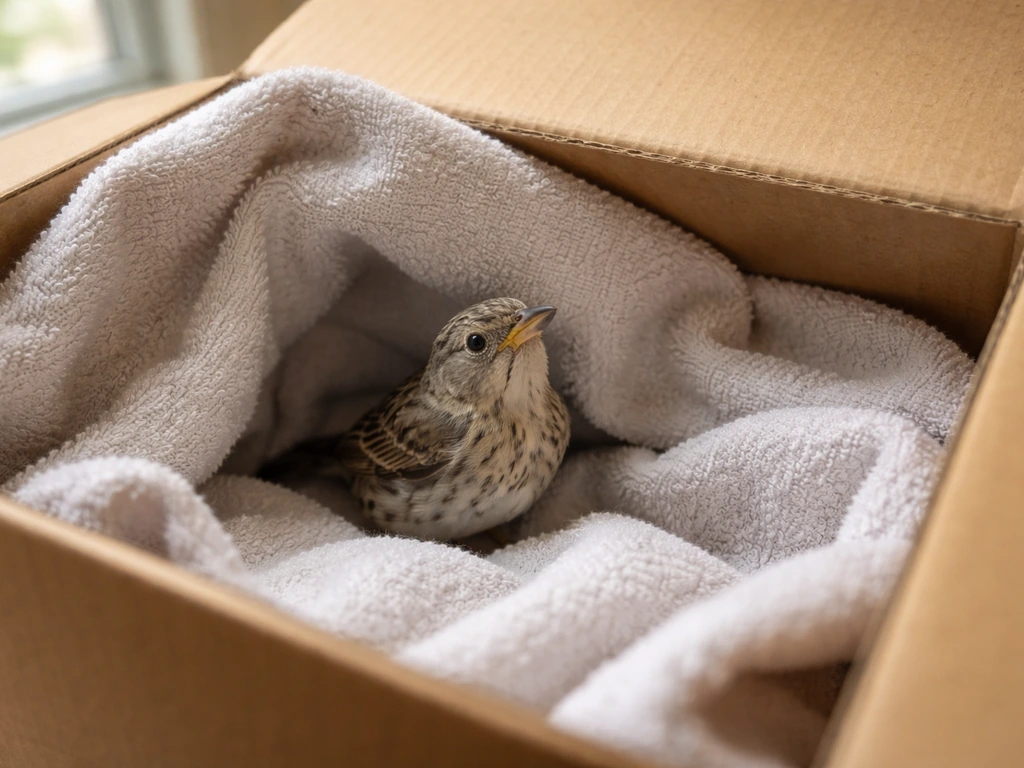 Small alert bird resting in a covered quiet box, head upright, ready for monitoring.