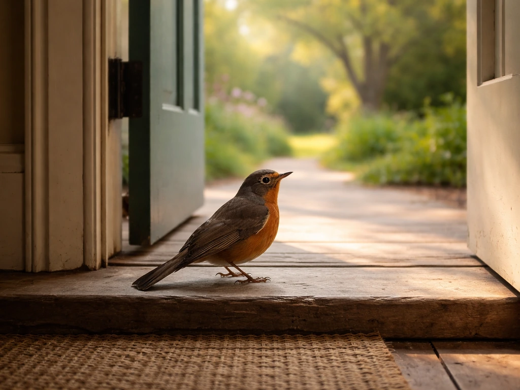 Robin perched near an open doorway with daylight, suggesting a safe, humane escape pathway