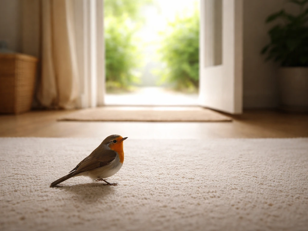 A small bird perched near an open doorway with lights on, guiding an escape path indoors.