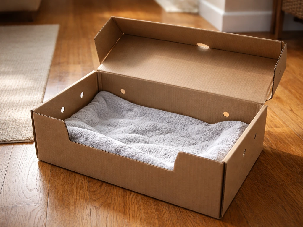 Ventilated cardboard box lined with a towel on the floor, ready for a robin rescue, no food or water shown.