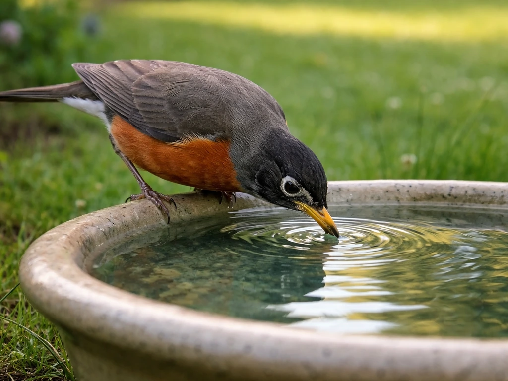 American robin drinking from a shallow birdbath in a quiet backyard garden