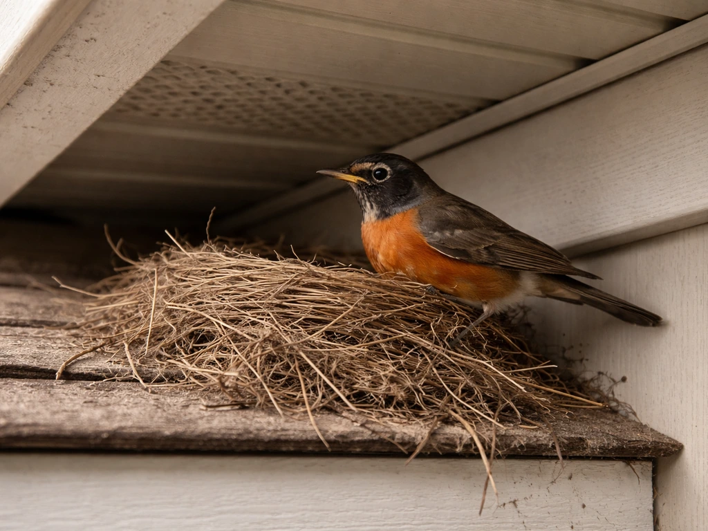 Robin nest tucked under a roof eave on a sheltered exterior ledge with visible siding and vent cover.