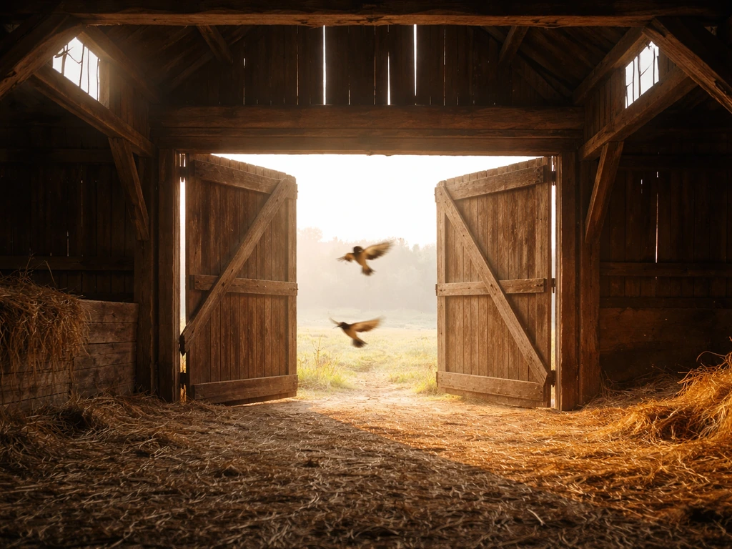Birds fly out of an open barn doorway as windows and doors are propped wide open