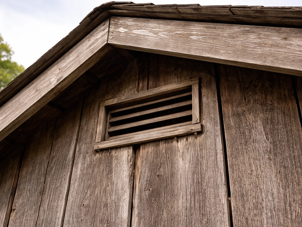 Close-up of an older barn roofline with the eave-fascia joint and vent openings needing inspection