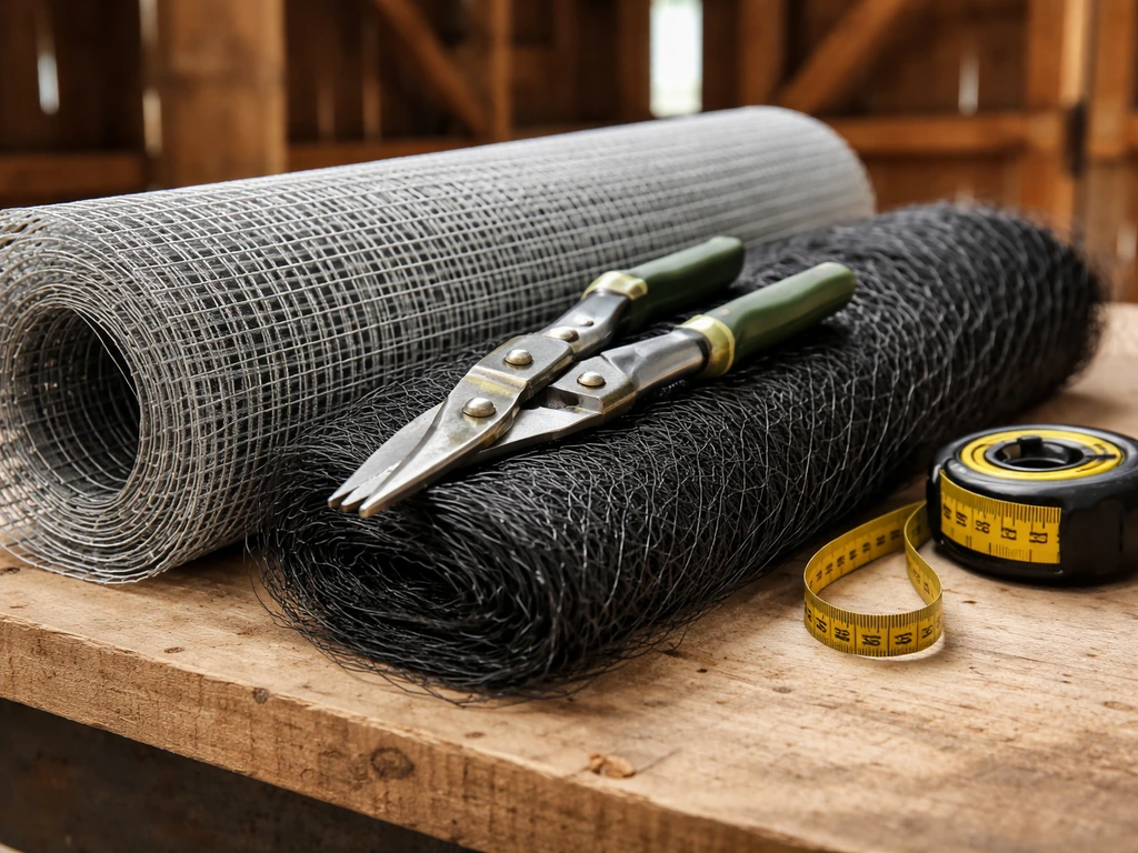 Close-up of DIY barn proofing materials—hardware cloth, bird netting, snips, and measuring tape staged neatly.