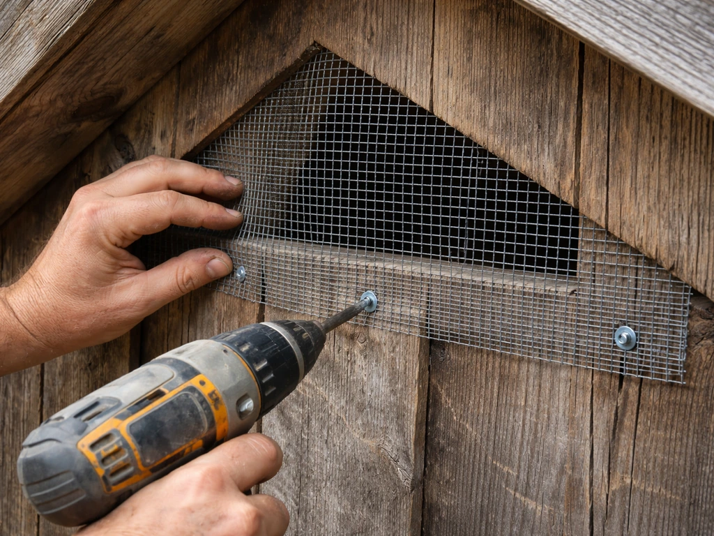 Hands screw hardware cloth over a barn gable/ridge vent opening for a screened cover.