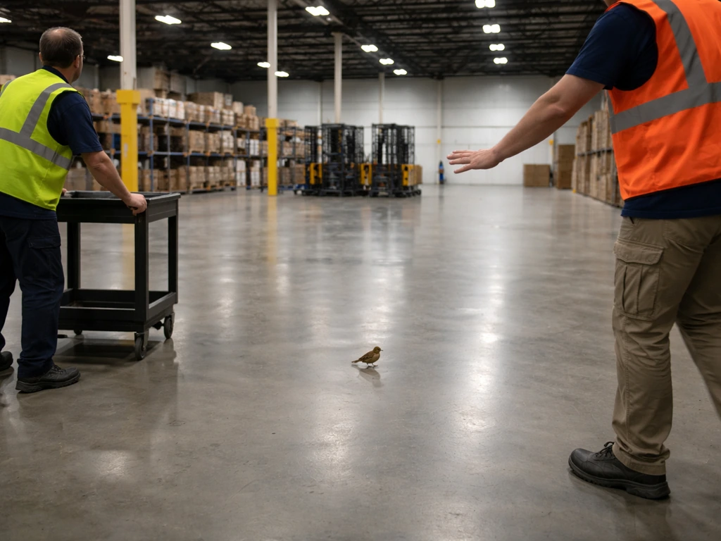 Warehouse workers calmly clear space around a perched bird, keeping a safe, quiet perimeter.
