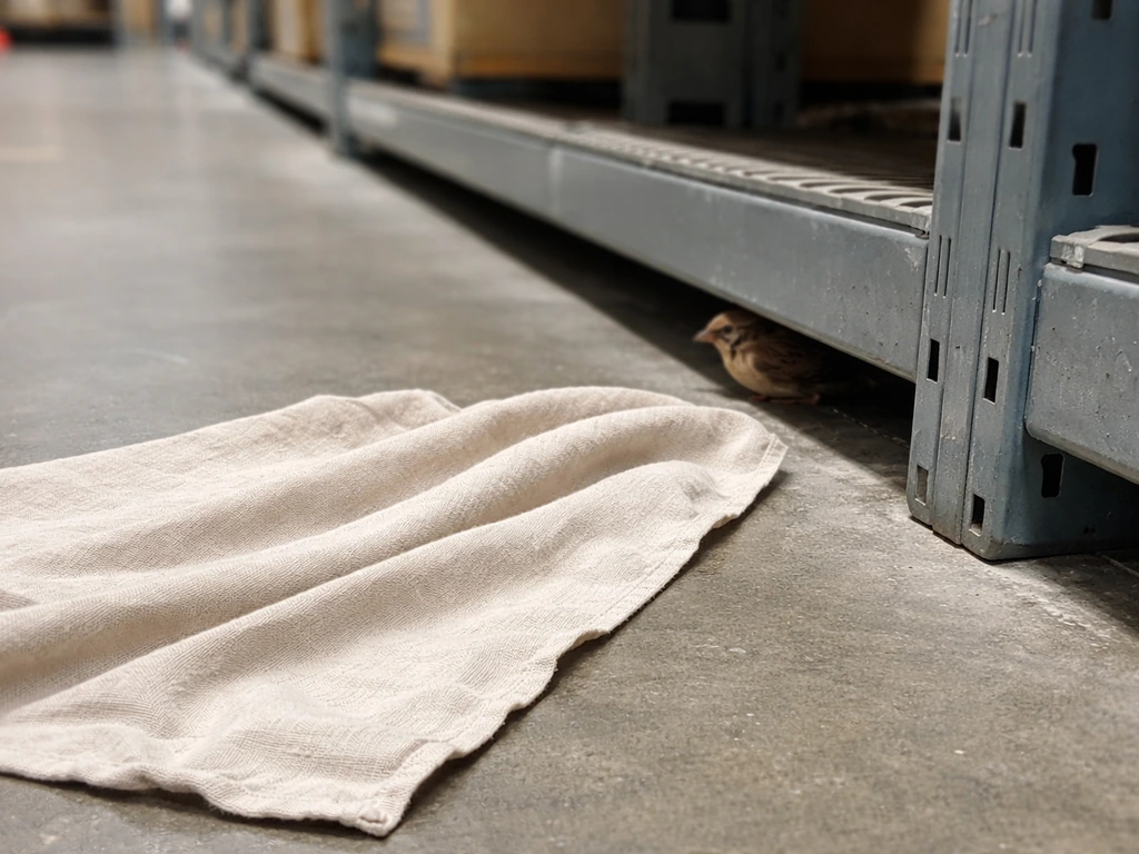A small bird partially visible behind warehouse shelving as a rescuer’s cloth gently covers it