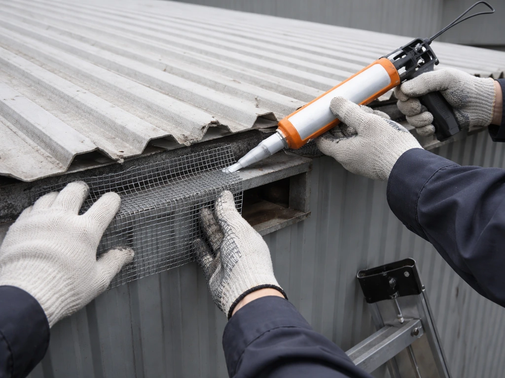 Worker sealing a roofline gap with caulk while installing wire screening near a warehouse entry