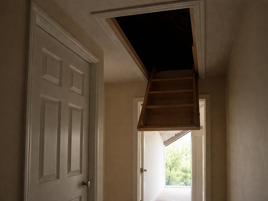 Dim attic hatch with closed interior door and a bright outdoor exit route for a bird escape.