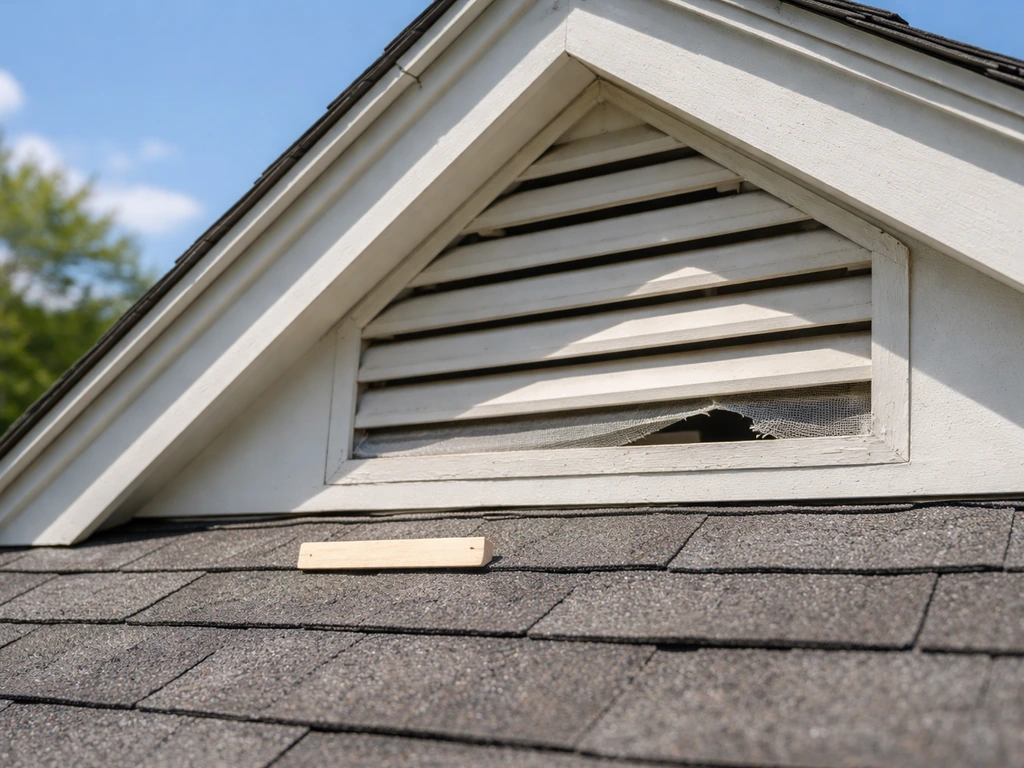 Exterior gable vent with louvered opening and a small roofline measuring stick for gap reference.