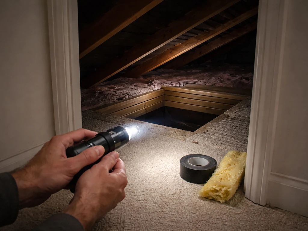 Hands with a flashlight in a quiet attic, with tape and insulation suggesting temporary gap sealing.
