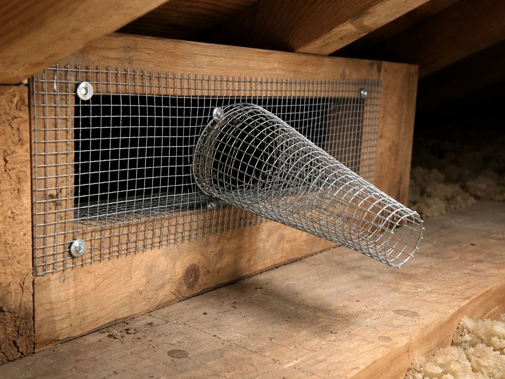 Attic vent covered with galvanized hardware cloth mesh, secured with fasteners and a simple one-way exclusion funnel