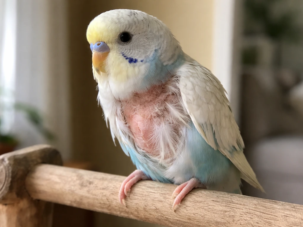 Small pet bird on a wooden perch with visible feather-plucking areas on its chest and side.