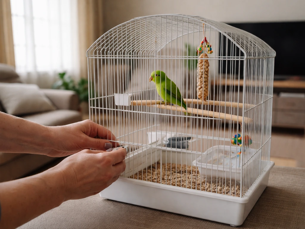 Owner’s hands reposition a pet bird cage to a quieter spot, reducing access to reachable feathers.
