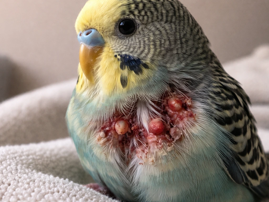 Close-up of a small pet bird with visible scabbing and swollen follicles on its feathers