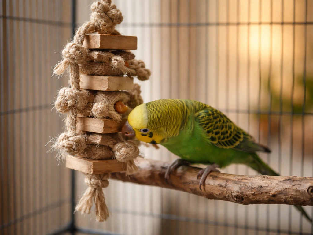 A small parrot in a cage forages from a hanging food puzzle toy for treats.