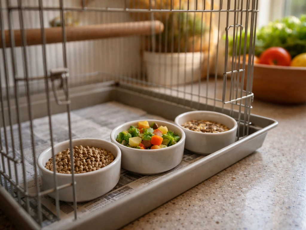 Bird feeding tray with pellets, fresh vegetables and fruit, and a small seed portion in bowls.