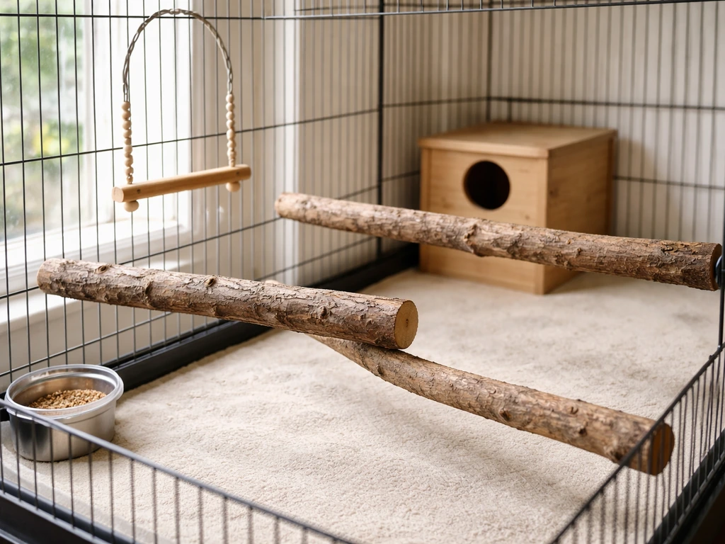 Close view of a clean bird cage with varied horizontal perches and a cozy, accessible setup