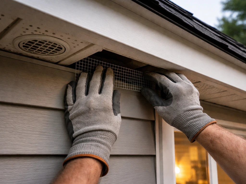 Worker’s gloved hands fit mesh over a home soffit gap near a vent to prevent birds from re-entering.