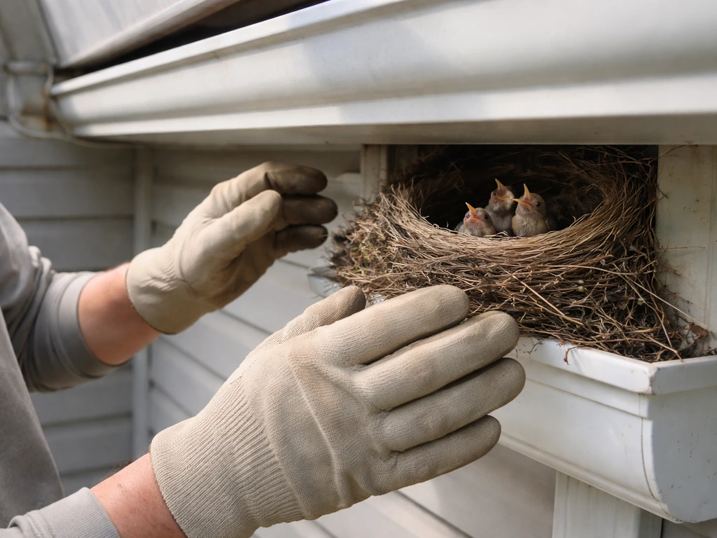 Gloved hands carefully inspecting a bird nest in a gutter, eggs/chicks visible, not touching.